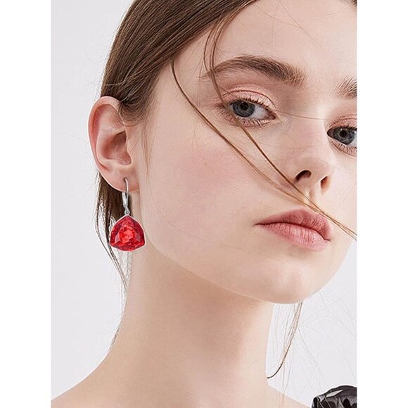 Sterling Silver Garnet Simple Geometric Birthstone Dangle Drop Earrings Jewelry - Picture 5 of 5